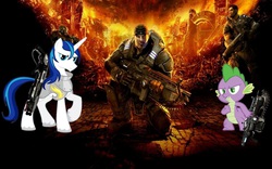 Size: 1280x800 | Tagged: safe, artist:reaver75, shining armor, spike, g4, gears of war