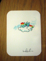 Size: 768x1024 | Tagged: safe, artist:katie cook, rainbow dash, g4, chibi, cloud, irl, solo, traditional art, watercolor painting