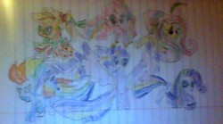 Size: 590x327 | Tagged: safe, artist:gracie_cleopatra, applejack, fluttershy, pinkie pie, rainbow dash, rarity, twilight sparkle, alicorn, pony, g4, twilight's kingdom, female, lined paper, mane six, mare, picture taken with a potato, rainbow, rainbow power, rainbow power-ified, traditional art, twilight sparkle (alicorn)