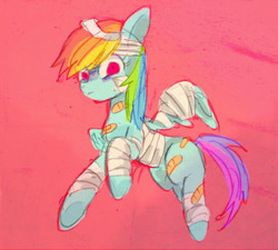 Size: 600x540 | Tagged: safe, artist:gebomamire, rainbow dash, g4, rainbow falls, bandage, bandaid, feignbow dash, female, solo