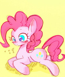 Size: 542x640 | Tagged: safe, artist:gebomamire, pinkie pie, earth pony, pony, g4, blushing, colored pupils, female, mare, prone, simple background, solo, yellow background