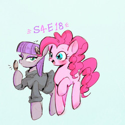 Size: 563x561 | Tagged: safe, artist:gebomamire, boulder (g4), maud pie, pinkie pie, earth pony, pony, g4, clothes, duo, rock, simple background, text