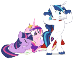 Size: 950x760 | Tagged: safe, artist:dm29, princess cadance, shining armor, twilight sparkle, alicorn, pony, g4, book, cape, clothes, eyes on the prize, facehoof, female, looking at butt, mare, simple background, transparent background, trio, twilight sparkle (alicorn)