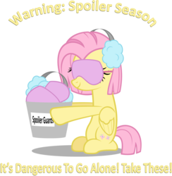 Size: 1696x1740 | Tagged: safe, artist:zacatron94, fluttershy, pegasus, pony, g4, alternate hairstyle, blindfold, bucket, caption, earmuffs, female, it's dangerous to go alone, mare, short mane, simple background, sleep mask, solo, take this, the legend of zelda, transparent background, yellow text