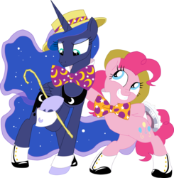 Size: 1857x1896 | Tagged: safe, artist:sketchmcreations, pinkie pie, princess luna, alicorn, earth pony, pony, g4, my little pony: friends forever, boater, bowtie, cane, clothes, hat, pie, simple background, transparent background, vector