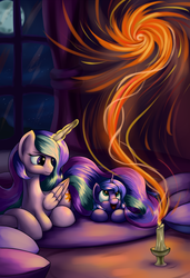 Size: 1950x2850 | Tagged: safe, artist:grennadder, princess celestia, princess luna, g4, big hooves, candle, filly, fire, happy, magic, moon, open mouth, prone, pyromancy, reflection, smiling, woona