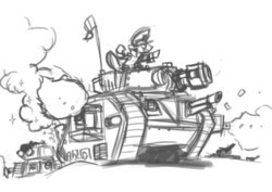 Size: 500x353 | Tagged: safe, artist:sanity-x, commissar, crossover, drive me closer, heavy bolter, imperial guard, lascannon, leman russ, leman russ demolisher, monochrome, ponified, tank (vehicle), warhammer (game), warhammer 40k