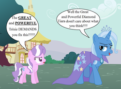 Size: 1213x895 | Tagged: safe, artist:cmpony, artist:thewalrusclown, diamond tiara, trixie, g4, accessory swap, body swap, evil smile, frown, speech bubble, swapped cutie marks, unamused