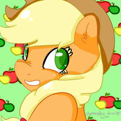 Size: 4000x4000 | Tagged: safe, artist:harmonyponyoc, applejack, g4, apple, ear fluff, female, looking at you, solo