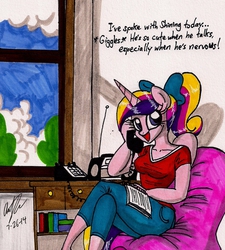 Size: 1126x1250 | Tagged: safe, artist:newyorkx3, princess cadance, anthro, g4, alternate hairstyle, bow, female, high ponytail, phone, ponytail, solo, traditional art