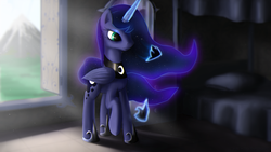 Size: 2300x1294 | Tagged: safe, artist:makc-hunter, princess luna, g4, bed, female, levitation, magic, mirror, solo, sunrise