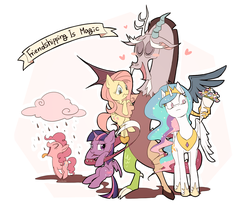 Size: 1200x1000 | Tagged: safe, artist:raichi, discord, fluttershy, pinkie pie, princess celestia, twilight sparkle, alicorn, pony, g4, blushing, chocolate milk, chocolate rain, discord being discord, discord gets all the mares, female, flower, friendship, harem, locket, lucky bastard, male, mare, old banner, open mouth, pinkie being pinkie, ship:discolight, ship:discopie, ship:discoshy, ship:dislestia, shipping, straight, twilight sparkle (alicorn), varying degrees of amusement, varying degrees of want