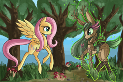 Size: 900x600 | Tagged: safe, artist:raptor007, fluttershy, dryad, plant pony, pony, g4, forest, goddess, mushroom