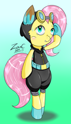 Size: 600x1049 | Tagged: safe, artist:zanclife, fluttershy, pegasus, pony, g4, bipedal, blushing, bunny ears, clothes, cute, dangerous mission outfit, female, flutterspy, goggles, green background, hoodie, mare, simple background, smiling, solo