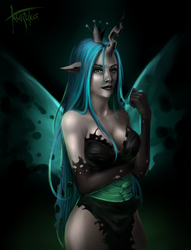 Size: 3053x4000 | Tagged: safe, artist:kurukanya, queen chrysalis, human, g4, cleavage, clothes, evening gloves, female, humanized, solo