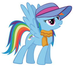 Size: 1300x1200 | Tagged: safe, artist:ocarina0ftimelord, rainbow dash, pegasus, pony, g4, clothes, female, hat, mare, rainbow dash always dresses in style, scarf, simple background, solo, spread wings, transparent background, vector, wings