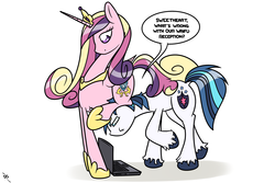 Size: 3000x2000 | Tagged: safe, artist:doggonepony, princess cadance, shining armor, g4, computer, high res, laptop computer, pun, sitting on head, waifu, wi-fi