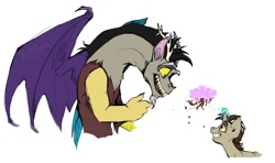 Size: 1160x689 | Tagged: safe, artist:artbeta, discord, oc, oc:dillus, hybrid, g4, chaos magic, chocolate rain, father and son, interspecies offspring, offspring, parent:discord, parent:fluttershy, parents:discoshy