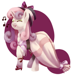 Size: 1253x1312 | Tagged: safe, artist:moonseeker, sweetie belle, pony, unicorn, g4, clothes, cute, diasweetes, dress, eyes closed, female, hat, mare, music notes, older, older sweetie belle, raised hoof, singing, solo