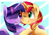 Size: 1000x700 | Tagged: safe, artist:sion-ara, sunset shimmer, twilight sparkle, alicorn, pony, unicorn, g4, duo, female, lesbian, mare, nuzzling, ship:sunsetsparkle, shipping, smiling, twilight sparkle (alicorn), wink