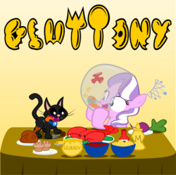 Size: 895x893 | Tagged: safe, artist:magerblutooth, diamond tiara, oc, oc:dazzle, cat, earth pony, lobster, pony, g4, bowl, cooked, dead, female, filly, food, honey, ponies eating meat, ponies eating seafood, sin of gluttony