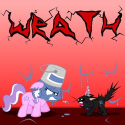 Size: 894x894 | Tagged: safe, artist:magerblutooth, diamond tiara, oc, oc:dazzle, cat, earth pony, pony, g4, angry, female, filly, foal, paint, paint can, paint in hair, paint on fur, sin of wrath