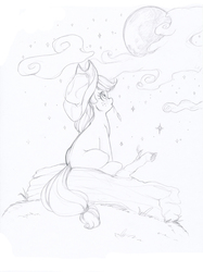 Size: 622x830 | Tagged: safe, artist:longinius, applejack, g4, female, filly, grayscale, looking up, monochrome, moon, night, sitting, solo, younger