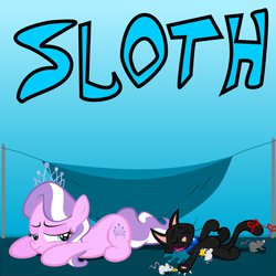 Size: 894x894 | Tagged: safe, artist:magerblutooth, diamond tiara, oc, oc:dazzle, cat, earth pony, mouse, pony, g4, drool, female, filly, foal, hammock, lazy, sin of sloth