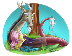 Size: 946x734 | Tagged: safe, artist:moenkin, discord, fluttershy, g4, simple background, sleeping, transparent background