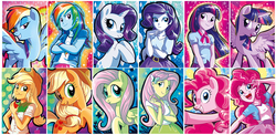 Size: 1500x730 | Tagged: safe, artist:yulyeen, applejack, fluttershy, pinkie pie, rainbow dash, rarity, twilight sparkle, alicorn, earth pony, human, pegasus, pony, unicorn, equestria girls, g4, my little pony equestria girls, apple, clothes, cowboy hat, female, food, freckles, hat, human ponidox, humane five, mane six, mare, peace sign, raised eyebrow, raised hoof, self ponidox, skirt, smiling, stetson, tank top, twilight sparkle (alicorn)