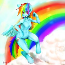 Size: 1200x1200 | Tagged: safe, artist:kenoi, rainbow dash, semi-anthro, g4, arm hooves, armpits, barbie doll anatomy, breasts, butt wings, chestbreasts, featureless breasts, female, pixiv, solo, underhoof