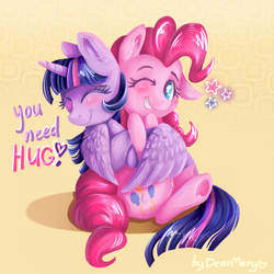 Size: 700x700 | Tagged: safe, artist:dearmary, pinkie pie, twilight sparkle, alicorn, pony, g4, female, hug, mare, simple background, sitting, twilight sparkle (alicorn), underhoof, winghug