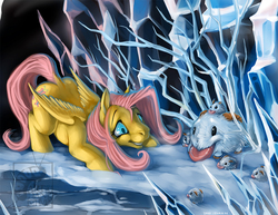 Size: 1000x773 | Tagged: safe, artist:danjiisthmus, fluttershy, pegasus, pony, poro, g4, crossover, crouching, female, league of legends, snow, solo