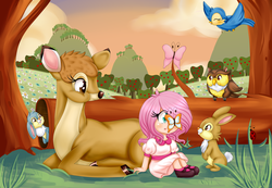 Size: 2698x1870 | Tagged: safe, artist:lucy-tan, fluttershy, bird, butterfly, deer, human, ladybug, owl, rabbit, g4, animal, female, humanized, solo, younger