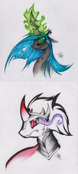 Size: 500x1116 | Tagged: artist needed, safe, king sombra, queen chrysalis, changeling, changeling queen, pony, unicorn, g4, female, traditional art