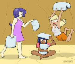 Size: 1000x857 | Tagged: safe, artist:empyu, applejack, rarity, twilight sparkle, human, g4, barefoot, dark skin, feet, humanized, pillow fight, smiling, trio