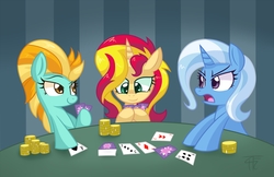 Size: 5100x3299 | Tagged: dead source, safe, artist:php92, lightning dust, sunset shimmer, trixie, pegasus, pony, unicorn, g4, card, poker, trio