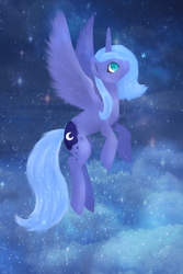 Size: 1000x1500 | Tagged: safe, artist:cupcaken, princess luna, g4, female, flying, s1 luna, solo