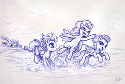 Size: 1500x1000 | Tagged: safe, artist:kp-shadowsquirrel, fleetfoot, spitfire, surprise, pegasus, pony, g4, armpits, ballpoint pen, beach, monochrome, sketch, traditional art, wonderbolts