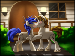 Size: 2848x2106 | Tagged: safe, artist:xnightmelody, oc, oc only, oc:latent promise, oc:trick shot, earth pony, pony, unicorn, blushing, duo, gay, glasses, high res, kissing, male, shipping