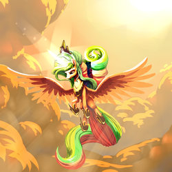 Size: 4000x4000 | Tagged: safe, artist:nadnerbd, princess celestia, alicorn, pony, absurd resolution, beautiful, celestia's crown, cloud, cloudy, crepuscular rays, dramatic lighting, female, flying, glowing horn, hoof shoes, jewelry, large wings, lighting, limited palette, long tail, low angle, majestic, mare, peytral, princess shoes, raised hoof, regalia, sky, slim, solo, sunrise, tail, wings
