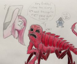 Size: 1024x850 | Tagged: safe, artist:fallenangel5414, pinkie pie, kaiju, g4, creepypasta, crossover, godzilla (series), nes godzilla creepypasta, nes godzilla: shadow of red, pinkamena diane pie, solomon, still the best 1973, traditional art