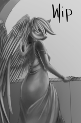 Size: 1268x1920 | Tagged: safe, artist:derp-my-life, derpy hooves, anthro, g4, balcony, bracelet, clothes, dress, female, looking back, monochrome, necklace, solo, wip