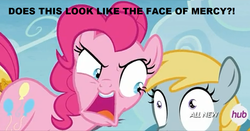 Size: 1242x650 | Tagged: safe, artist:17chrisjenkins, edit, edited screencap, screencap, chirpy hooves, pinkie pie, g4, my little pony: friendship is magic, trade ya!, angry, face of mercy, hub logo, image macro, meme, traumatized