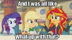 Size: 400x223 | Tagged: safe, edit, edited screencap, screencap, applejack, rarity, sunset shimmer, equestria girls, g4, my little pony equestria girls: rainbow rocks, image macro, meme