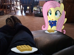 Size: 2592x1944 | Tagged: safe, artist:emkay-mlp, artist:fehlung, artist:tokkazutara1164, fluttershy, human, ursa minor, g4, apple fritter (food), cage, chair, clothes, food, irl, legs, photo, plushie, ponies in real life, shoes, solo, teddy bear, ursa plush, vector