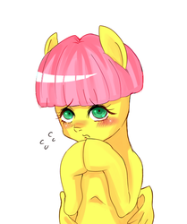 Size: 599x715 | Tagged: safe, artist:kuromozuku, fluttershy, g4, alternate hairstyle, blushing, bobcut, bowl cut, female, pixiv, solo