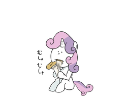 Size: 599x508 | Tagged: safe, artist:kuromozuku, sweetie belle, g4, anatomically incorrect, eating, female, incorrect leg anatomy, mushroom, pixiv, solo