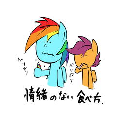 Size: 600x579 | Tagged: safe, artist:kuromozuku, rainbow dash, scootaloo, g4, candy cane, eating, pixiv