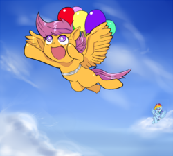 Size: 800x720 | Tagged: safe, artist:kuromozuku, rainbow dash, scootaloo, g4, balloon, pixiv, scootaloo can fly, scootalove